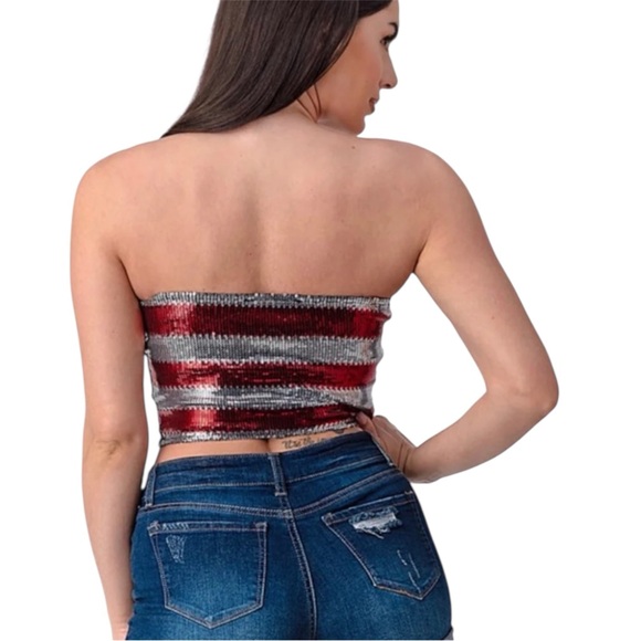 Bear Dance Sequin Strapless Tube Top - Blue, Red & Silver - Picture 2 of 5